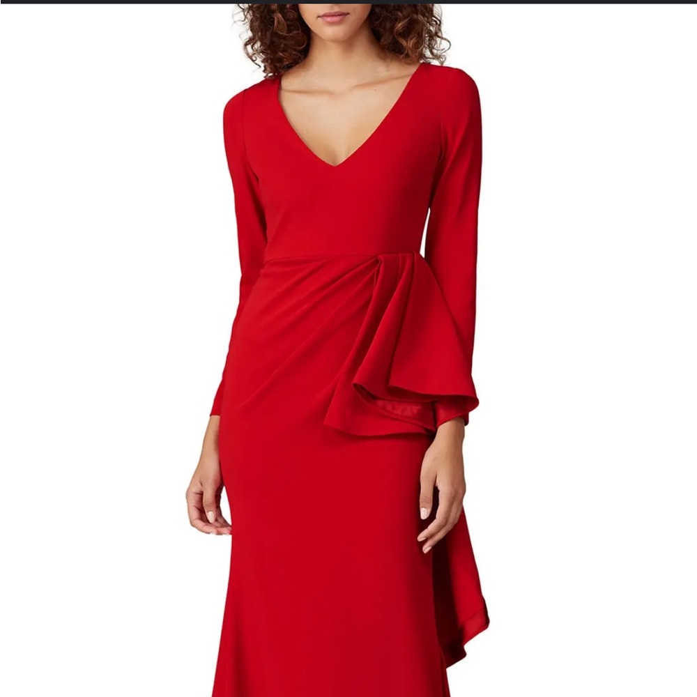 Badgley Mischka Red Long Sleeve Front Ruffle Gown Size  8 - Picture 3 of 11